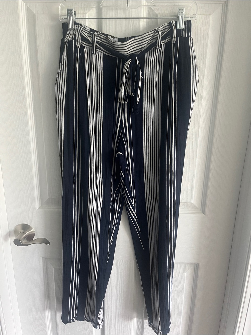Angie Navy and White Slimming Vertical Striped Paperbag Waist Pants